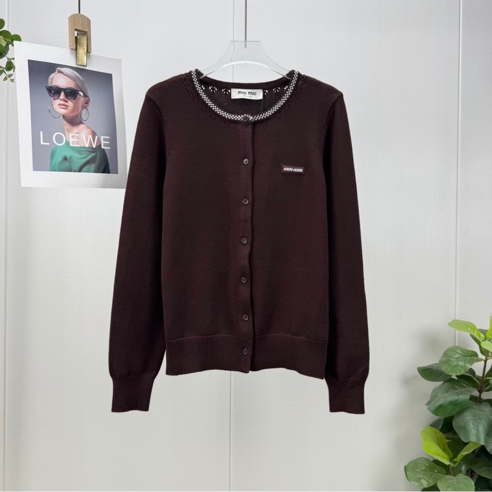 Miu Miu Chocolate Brown Jeweled-Neck Button Cardigan